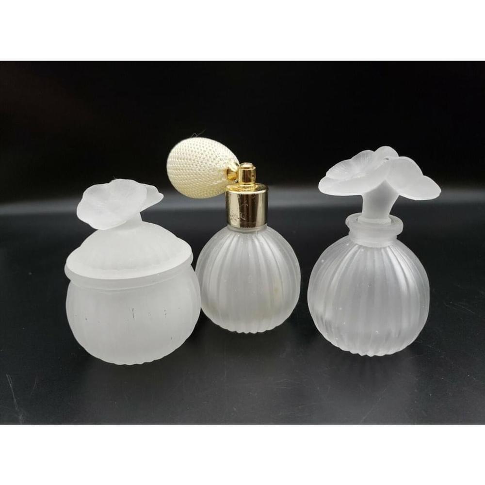 vintage 3 piece set Frosted Glass Perfume Bottle Set Vanity Atomizer 4"